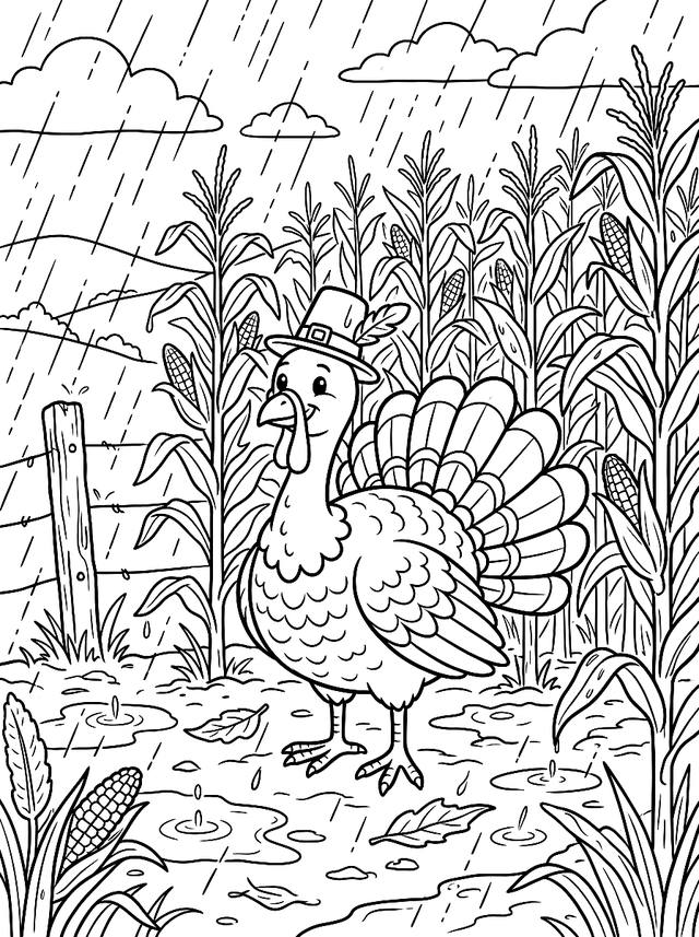 Free printable thanksgiving coloring page — turkey wearing hat among corn