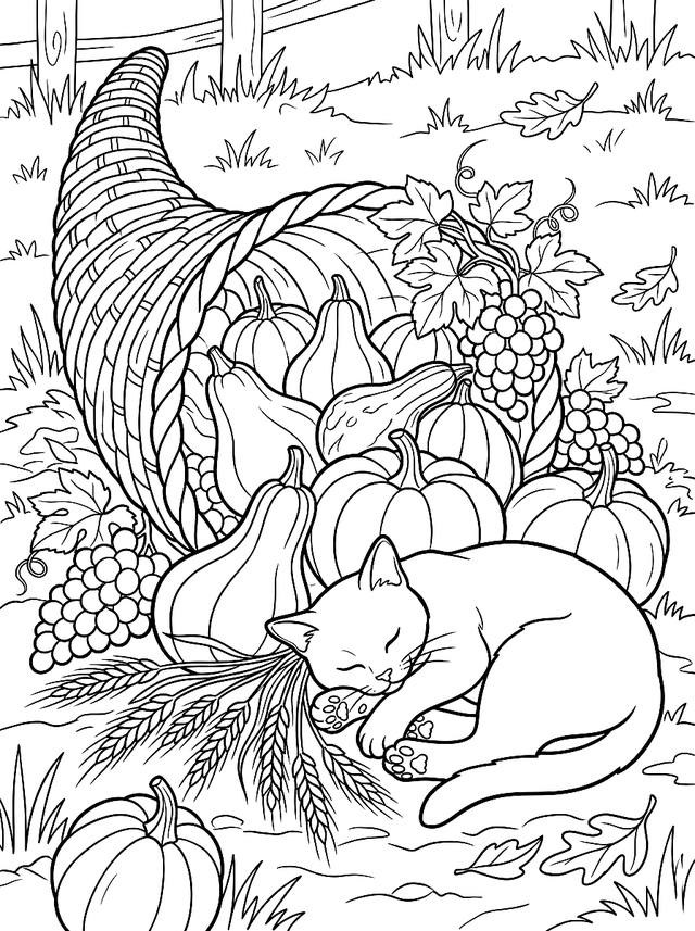 Free printable thanksgiving coloring page — cornucopia spilling fruit with cat