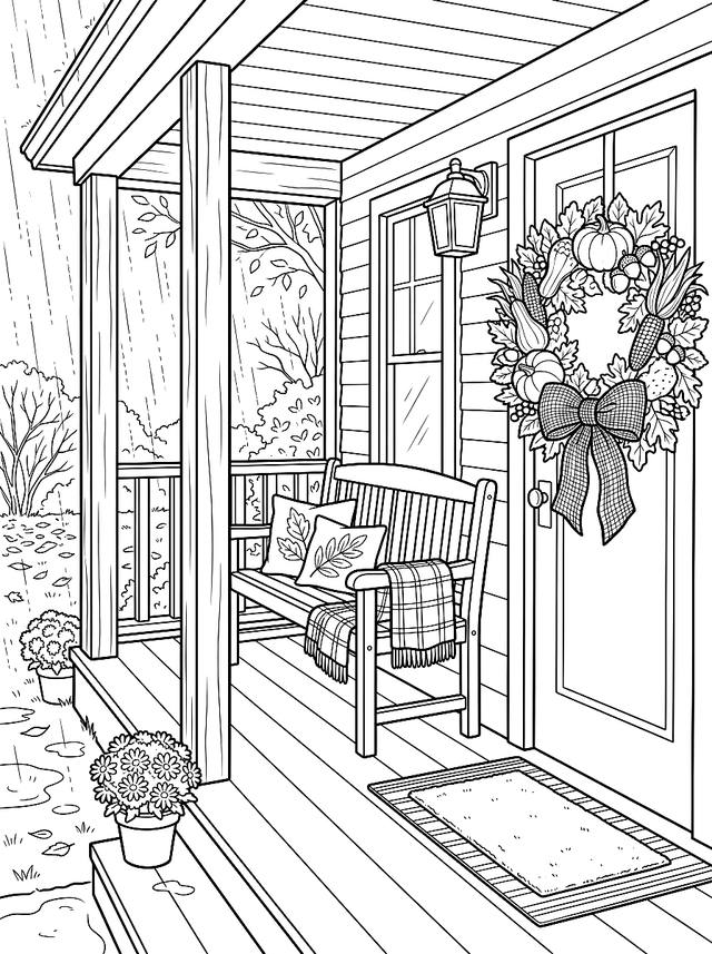 Free printable thanksgiving coloring page — porch with harvest wreath bench