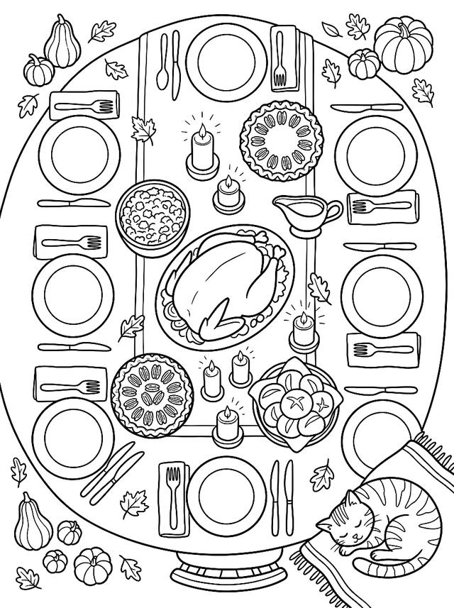 Free printable thanksgiving coloring page — cat asleep by the thanksgiving table