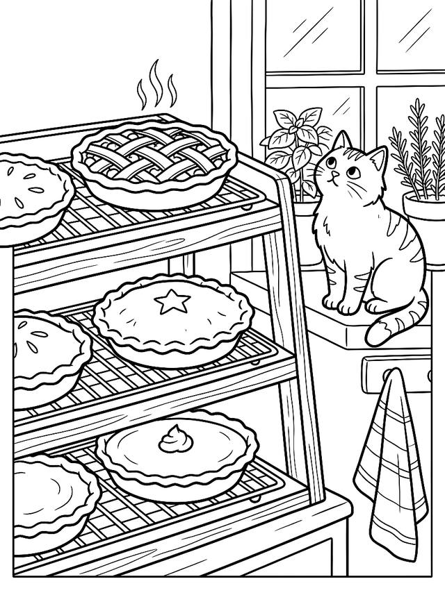 Free printable thanksgiving coloring page — cat watching cooling pies