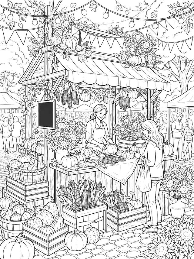 Free printable thanksgiving coloring page — farmers market stall