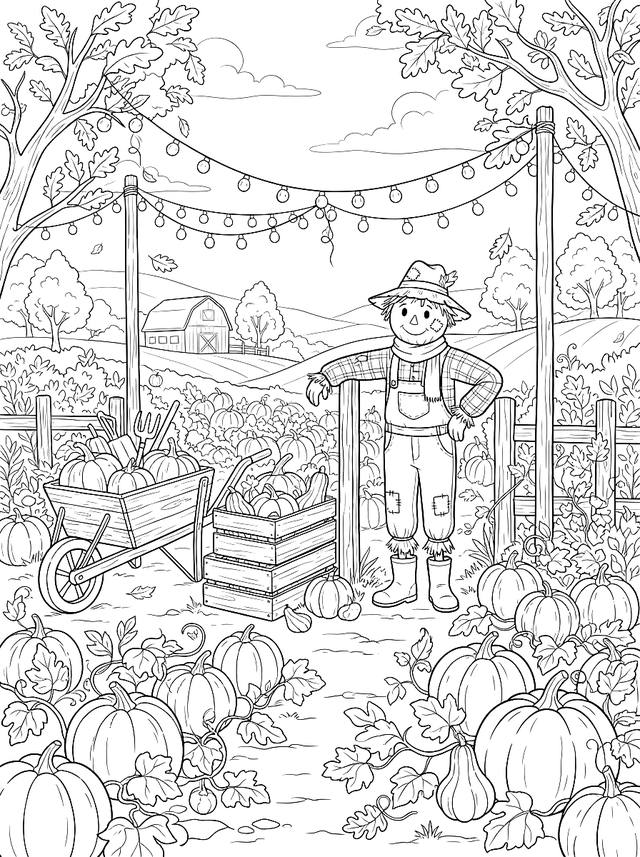 Free printable thanksgiving coloring page — scarecrow in the pumpkin patch
