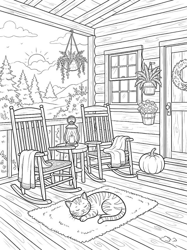 Free printable thanksgiving coloring page — cat sleeping on cabin porch