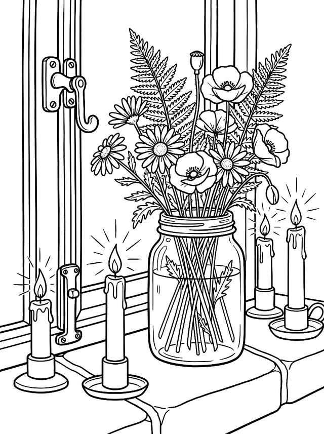 Free printable thanksgiving coloring page — wildflowers in jam jar